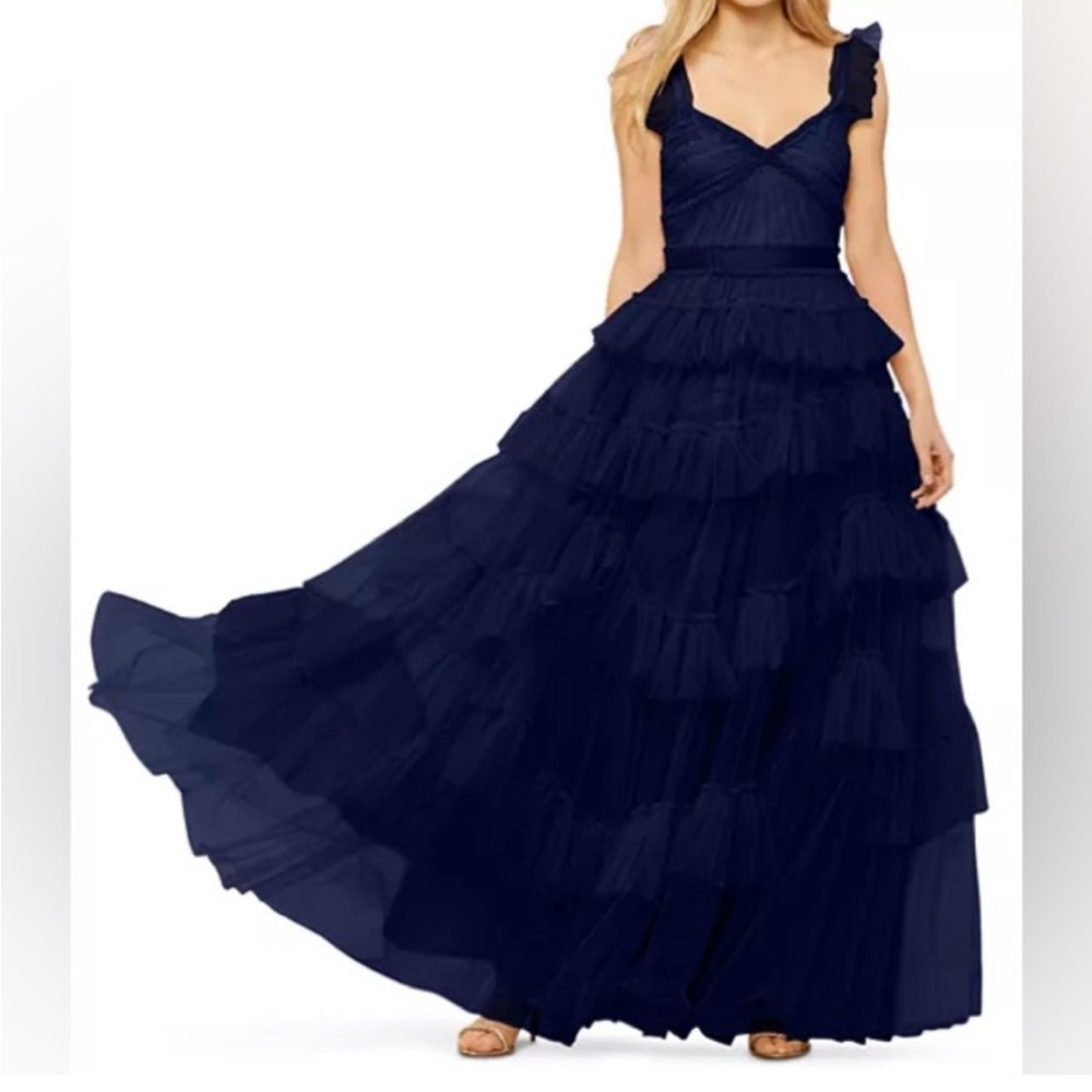 Elegant Navy Blue Evening Gown ruffles by BCBG SIZE 4